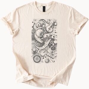 Music and Mechanics Graphic Tee Black and White Industrial Art Design